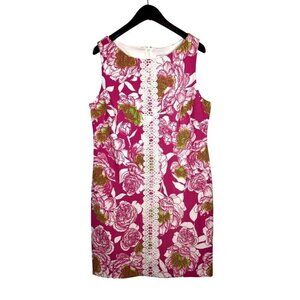 J Howard Seersucker Dress Sz 16 Pink Chartreuse Floral Sleeveless Crochet Sheath